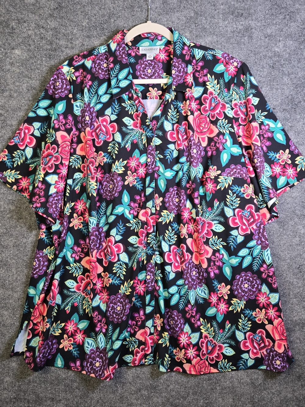 Catherines Top Women 2X Pink Purple Jersey Knit Button Up Flare Sleeve Colorful.